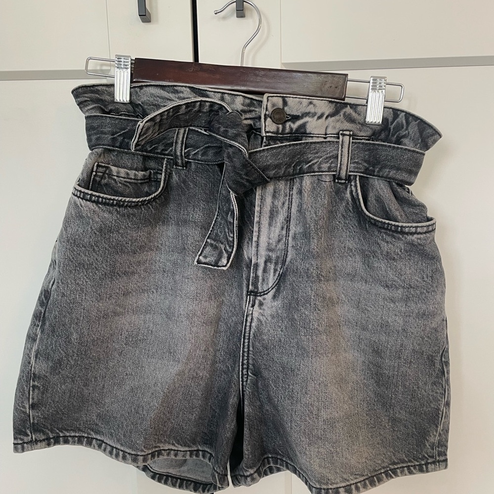 All Saints “Palmer” High-Rise Paperbag Denim Shorts with Tie in Snow Black